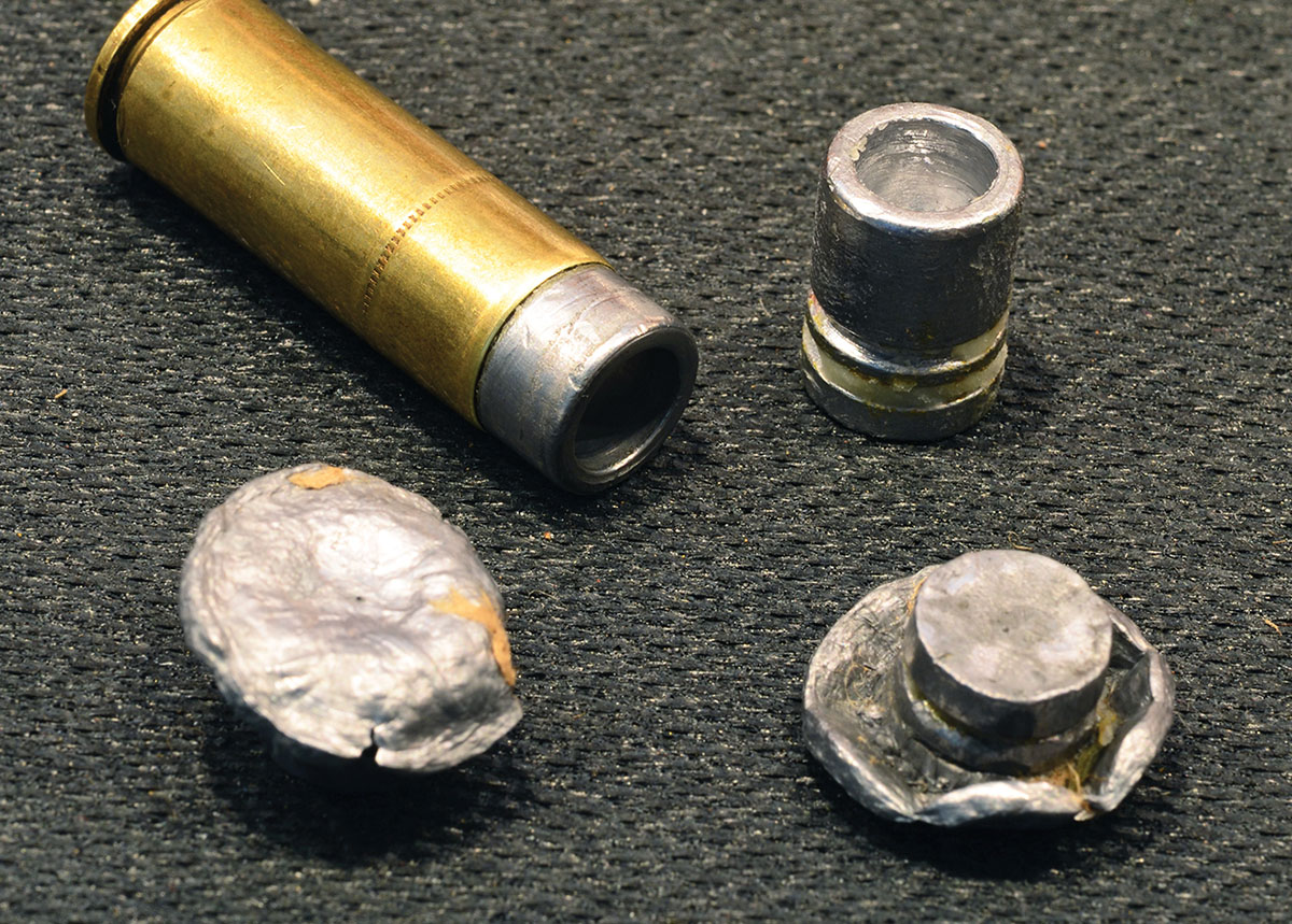 A 45 Colt cartridge with Hayley’s .45-caliber Man-Stopper bullets performed beautifully. Many older Colt .45s require lighter loads, lower pressures and slower velocities, all of which affect bullet expansion. The pure lead Man-Stopper solved the problem.